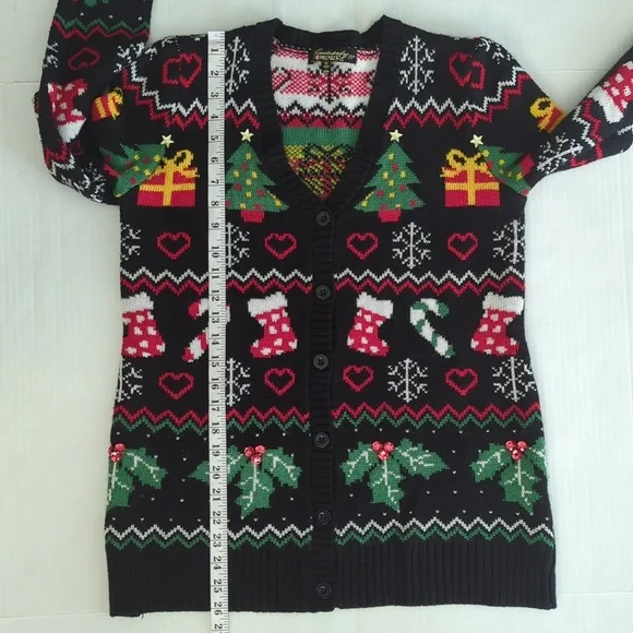 Absolutely Famous Button Up Acrylic Cardigan Christmas Sweater MEDIUM Black Red - Picture 16 of 16